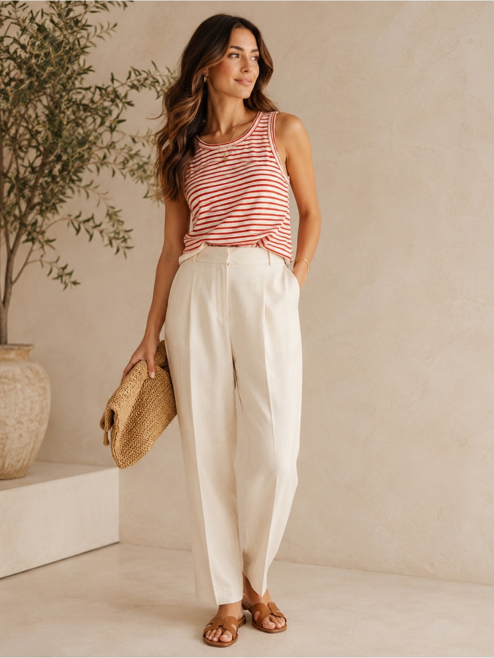Cabi XS Red Cream Striped Cotton Keyhole Tank Top Coastal Preppy